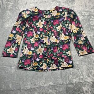Vintage 90s Stuart Alan Floral Blouse Womens Green Gold Button Shoulder Pads M